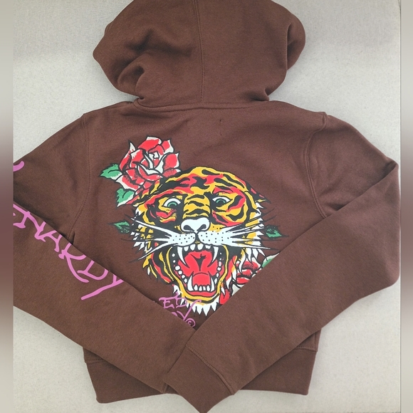 New Ed Hardy Classic Tiger Zip Front Cropped Hoodie - Picture 2 of 4